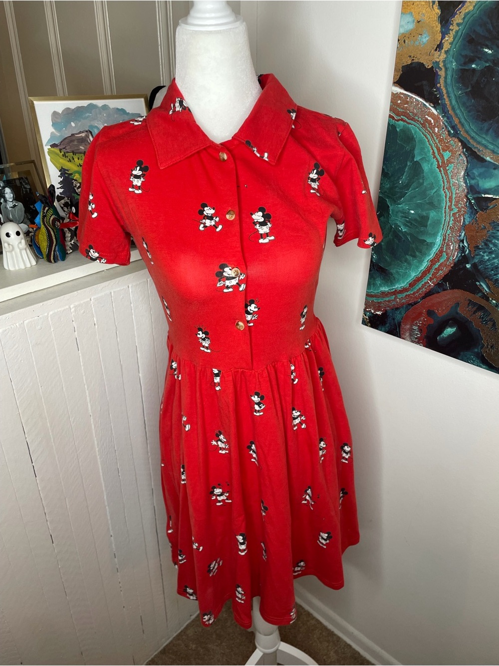 Disney Red Mini Dress with Mickey Mouse Print and Collar